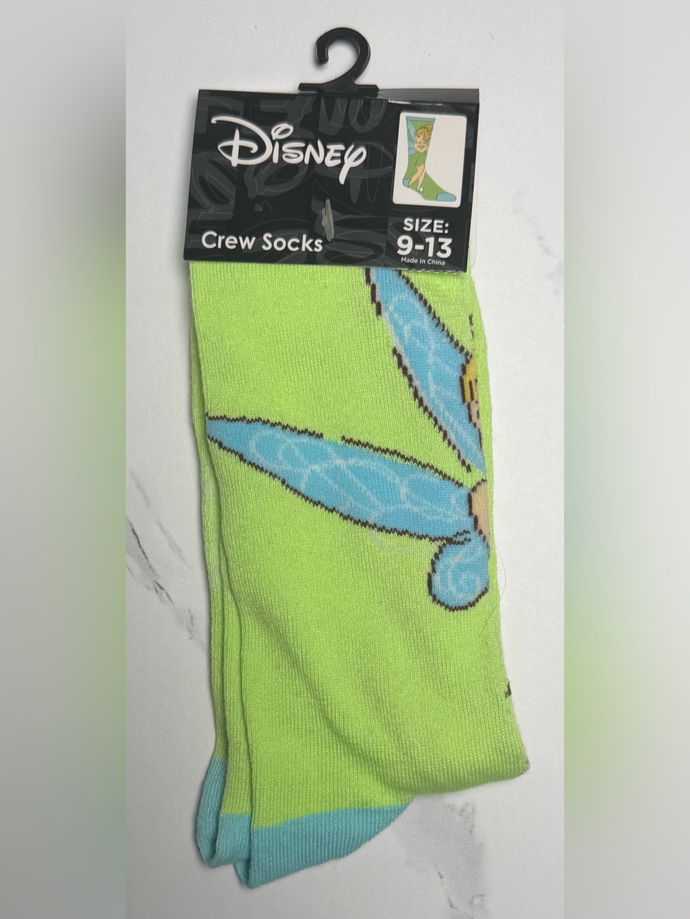 Disney Crew Socks - Lime Green & Light Blue Tinker Bell Wings